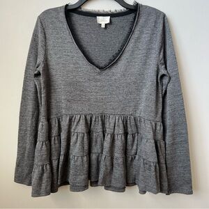 Anthropologie Deletta Thea Tiered Ruffle Peplum Top V-Neck Long Sleeve Gray XS